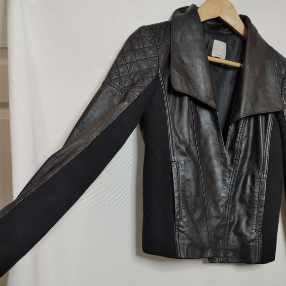 Halogen Quilted Lamb Leather Moto Open Front Jacket Stretch Knit Panel Black S - Picture 4 of 11